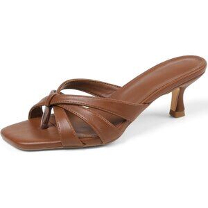 Brown Kitten Heels Faux Leather Women Flip Flops Strappy Square Open Toe Slides